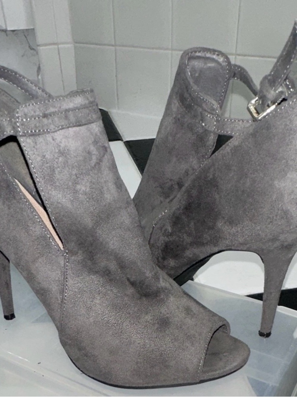 Nine West Gray Suede Peep-Toe High Heels with Ankle Strap